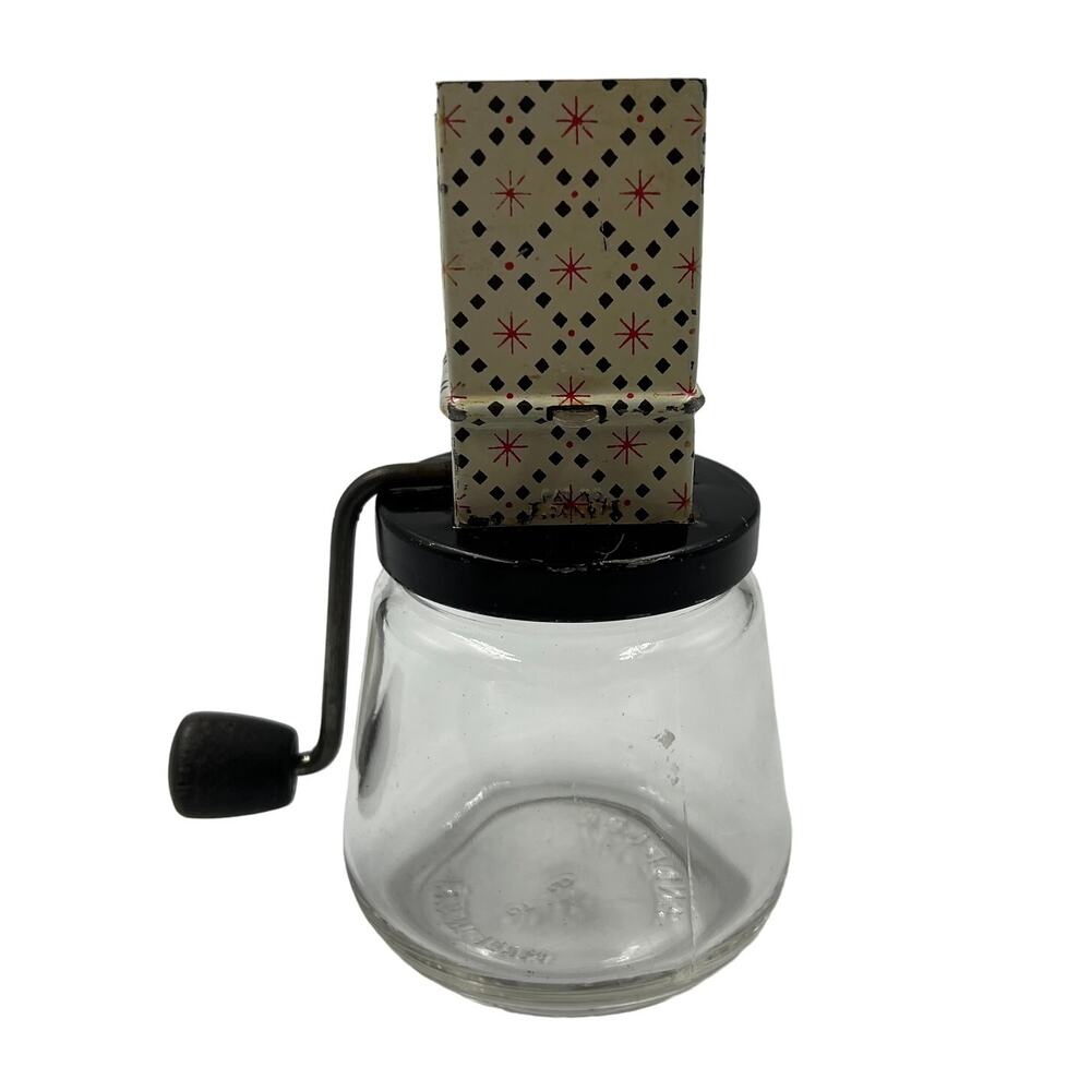 Vintage Crank Nut Chopper Androck Atomic‎ Pattern Black White Red Glass Bottom